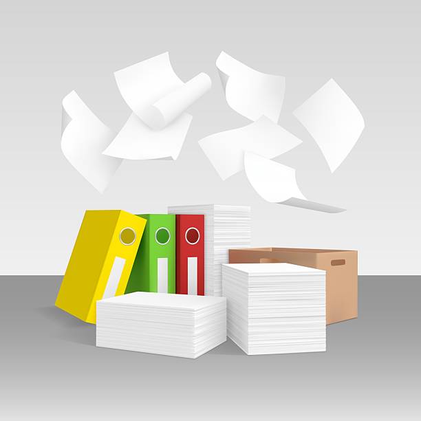 istock Office cardboard box, folders, stacks of paper, vector mess in paperwork, white papers flying, scattered file document 2236304976