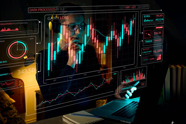 istock Female trader focused on futuristic forex candlestick chart display 2236310945