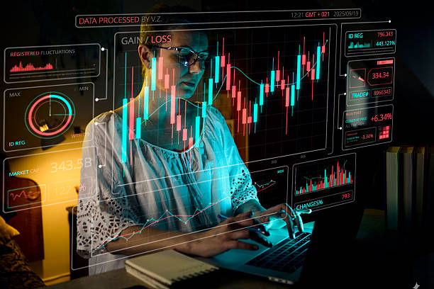 istock Female trader working late with futuristic candlestick HUD 2236310966