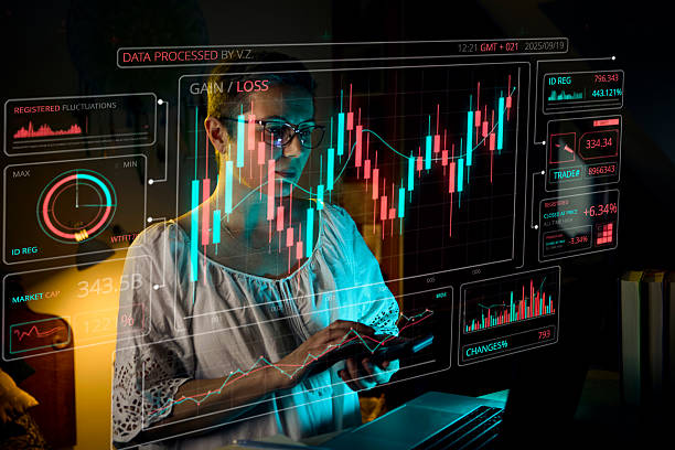 istock Woman analyzing crypto candlestick charts on futuristic HUD 2236311078