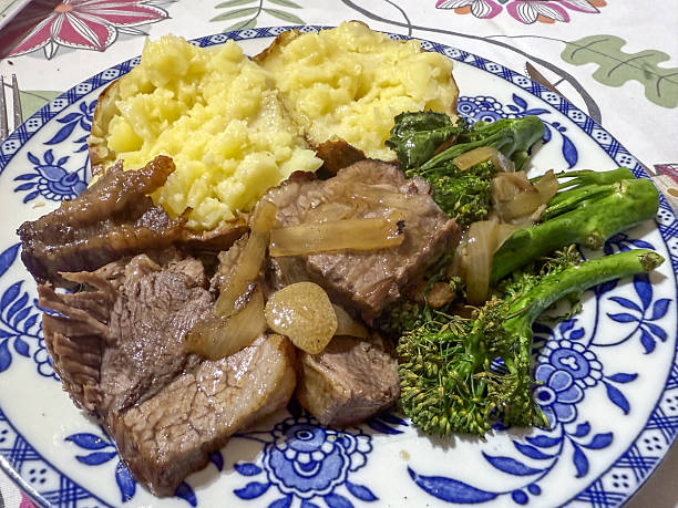 Beef brisket lunch with baked potato and broccoli stems