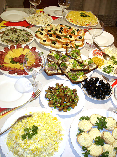 istock Festive Table Setting With Appetizers and Salads for a Celebration 2236319543