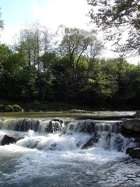 istock Mountain river with stone cascade with waterfall with streams of white water with foam and splashes 2236320824