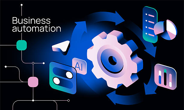 Business Process Automation. Banner with artificial intelligence technologies for managing business processes and developing growth strategies. Isometric 3D vector illustration Business Process Automation. Banner with artificial intelligence technologies for managing business processes and developing growth strategies. Isometric 3D vector illustration in glassmorphism style business automation stock illustrations