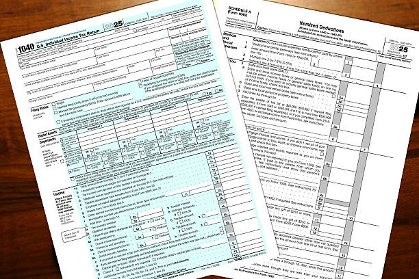 istock 2025 IRS 1040 tax form and schedule A on a desktop. 2236327209