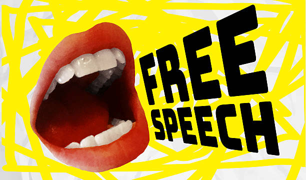 istock Free Speech censorship concept in textured collage style open mouth shouting with text 2236332078
