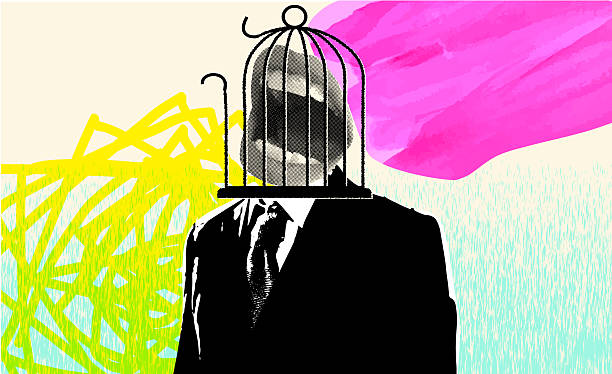 Vector illustration of a Broadcasting Journalism Free Speech concept in textured collage style with man in suit and mouth with broken cage. Fully editable vector eps and high resolution jpg in download.
