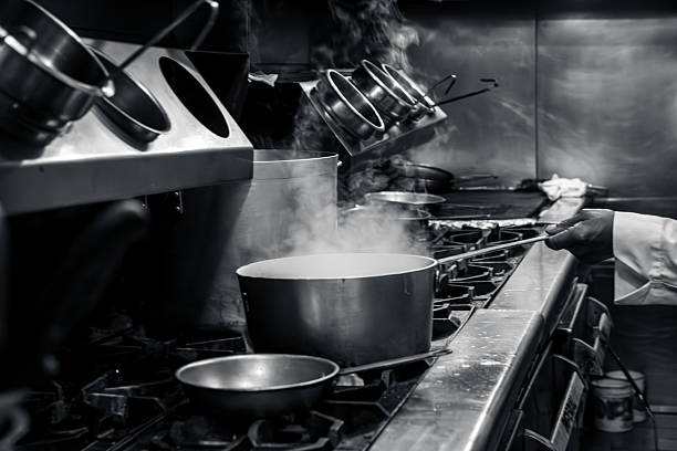 Boiling pot of water in a commercial kitchen