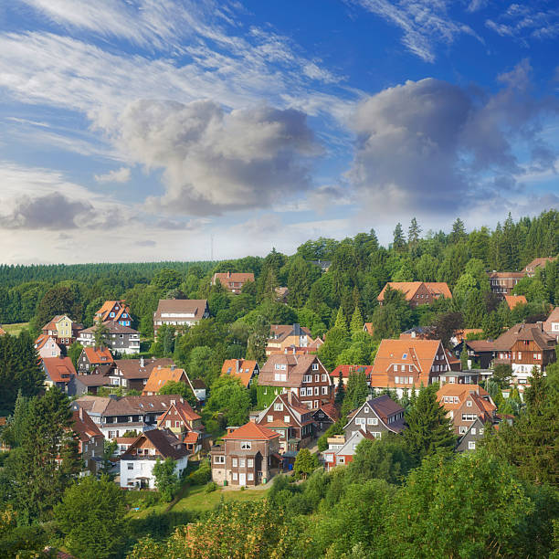 A tranquil hillside village is depicted with charming rooftops nestled amidst lush greenery, showcasing nature's vibrant colors. A brilliant blue sky laden with soft clouds enhances the serene and picturesque atmosphere.