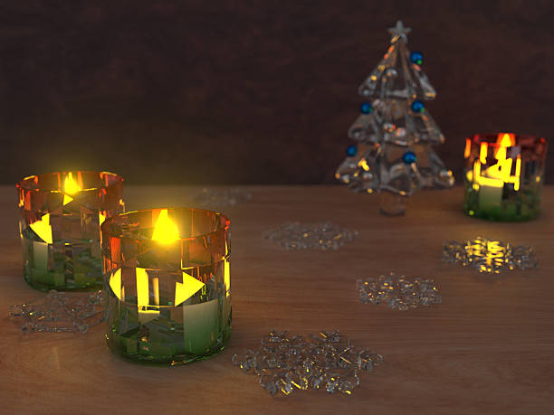 3DCG scenery of a tabletop at night with a glass Christmas object