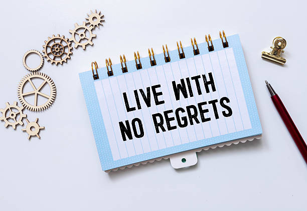 istock On blue background, torn paper with text written NO REGRET 2236342872
