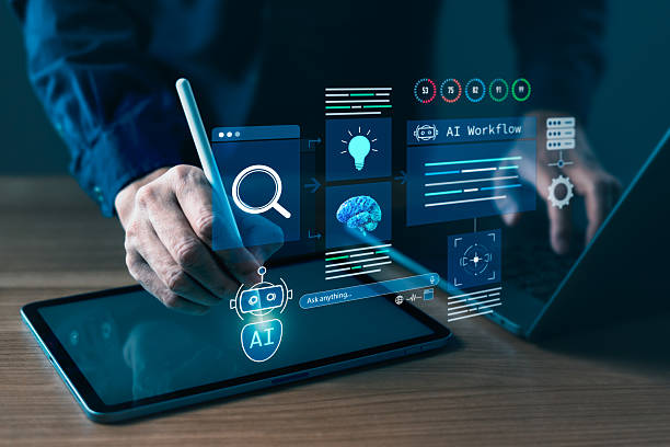 istock AI-powered digital workflow interface with chatbot, search, and brain icons for automation, innovation, and smart system productivity 2236346573