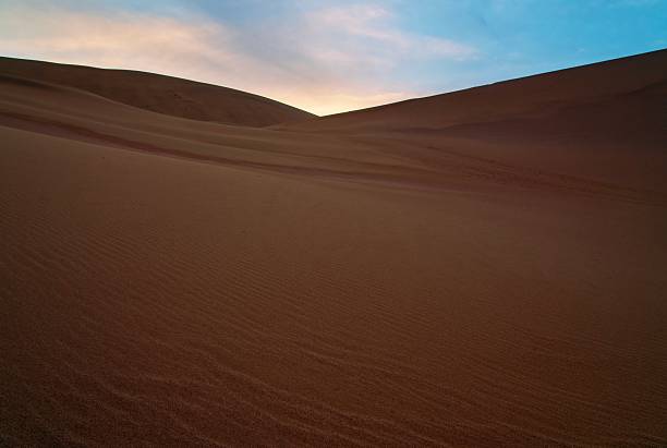 Elevate your projects with this captivating image of smooth, rippled sand dunes creating a peaceful valley formation, bathed in soft twilight hues with subtle shadows and a gradient blue sky dotted with gentle clouds. The minimalist desert scene evokes solitude and natural elegance, perfect for meditation apps, travel brochures, environmental visuals, wellness promotions, or inspirational designs highlighting the quiet beauty of arid landscapes and harmonious geological patterns!