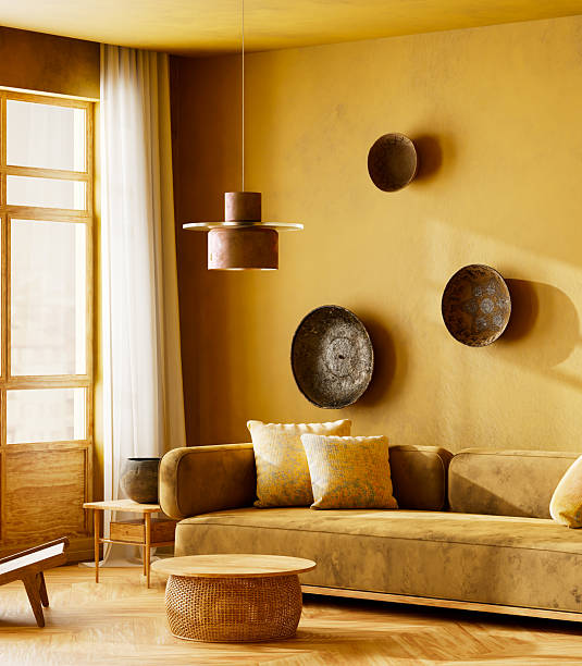 istock Boho eclectic living room interior with yellow walls and artistic decor. 3D illustration 2236370992