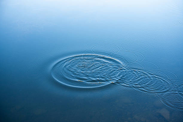 istock Circular water ripples and bubbles effect. Water ripples and round droplets on blue sea texture pattern background. Liquid motion on calm lake surface. Ring effect, circles 2236374470