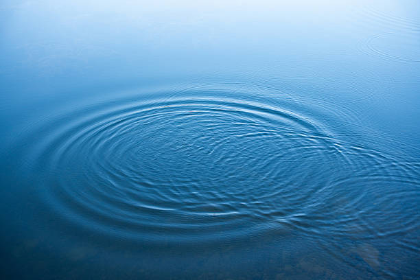 istock Circular water ripples and bubbles effect. Water ripples and round droplets on blue sea texture pattern background. Liquid motion on calm lake surface. Ring effect, circles 2236374488