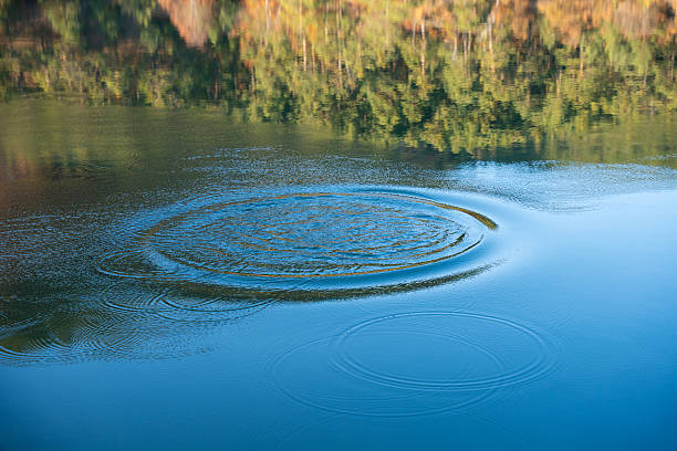 istock Circular water ripples and bubbles effect. Water ripples and round droplets on blue sea texture pattern background. Liquid motion on calm lake surface. Ring effect, circles 2236374551