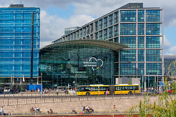 Berlin, Germany - May 17, 2025: Pedestrians and taxis in front of Berlin Central Station.