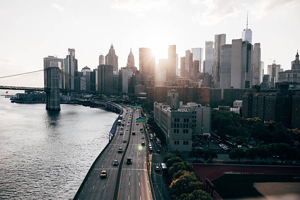 FDR Drive Downtown district and Brooklyn Bridge in New York.