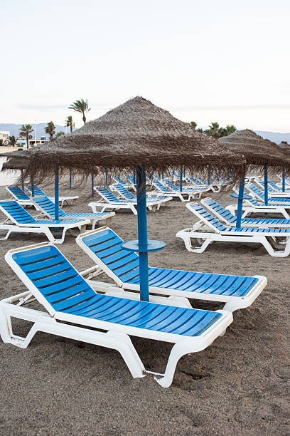 Blue beach loungers with straw umbrellas are set on sandy shore, inviting relaxation and enjoyment in a tranquil seaside environment filled with warmth and sunshine