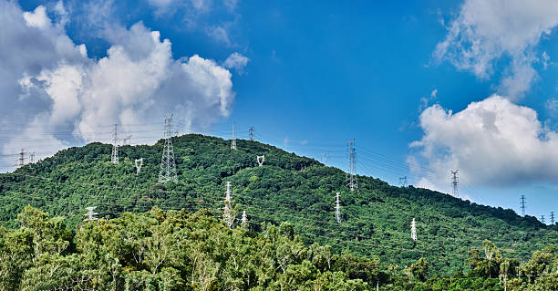 High voltage electric pole in the forest
