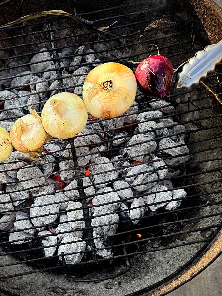 Grilling vegetables on a charcoal grill stock photo