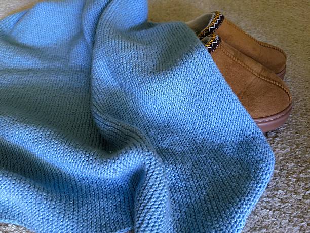 istock Brown home slippers on gray carpet with blue knitted blanket, side view. 2236405876