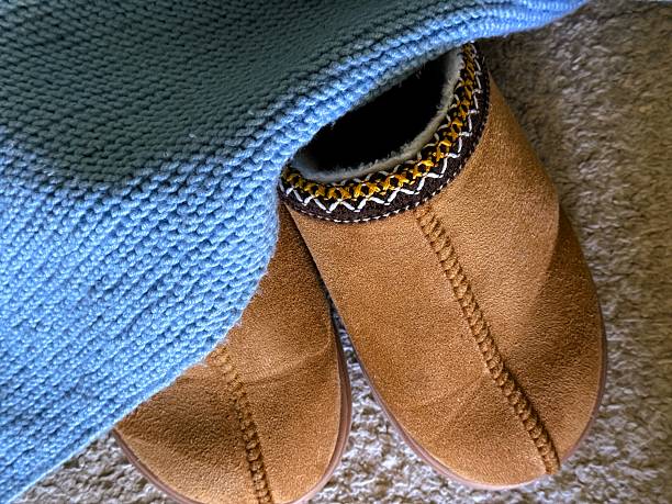 istock Brown slippers wrapped in soft blue knitted blanket, close-up. 2236405878