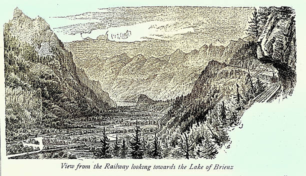 Steam train on mountain side track, View toward Lake of Brienz, Switzerland, Vintage illustration, 19th Century. 1880s