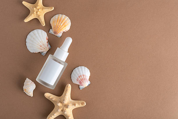 White frosted glass dropper bottle with seashells and starfish, brown background. Natural skincare and marine inspired beauty concept, perfect for product mockup and branding design.