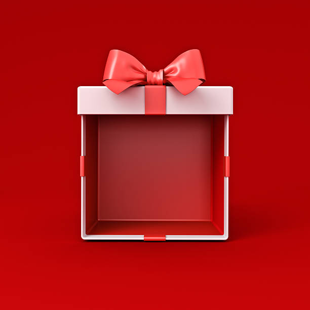 istock Front view of blank white gift box mockup exhibition booth stand or open present box tied with red ribbon bow isolated on dark red background with shadow minimal creative idea conceptual 3D rendering 2236417491