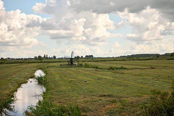 Dutch landscape with a canal and grass fields with mirror reflection in water, Amsterdam, Holland, Netherlands, HDR