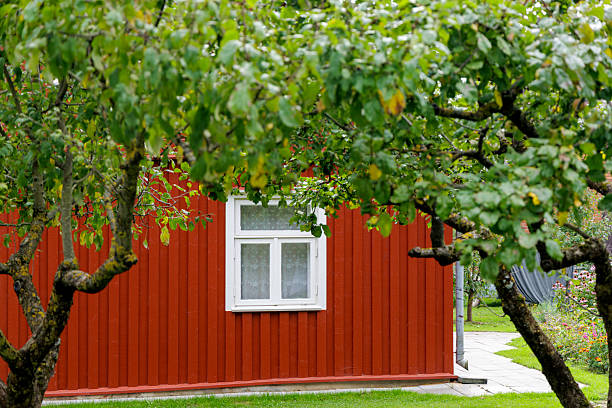 The side of a traditional red wooden house is framed by an old apple tree with a small garden path visible.