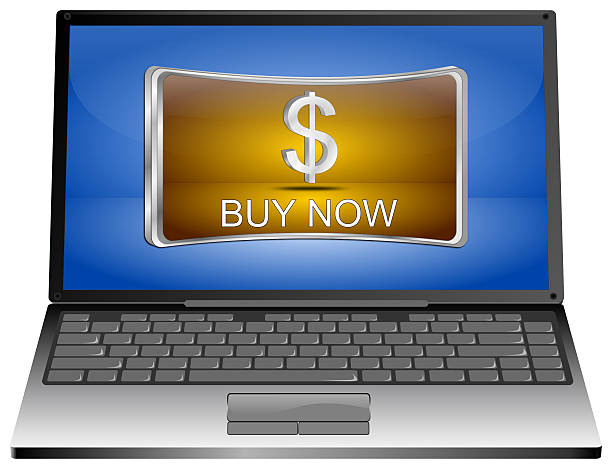 laptop computer with buy now button orange on blue desktop - 3D illustration