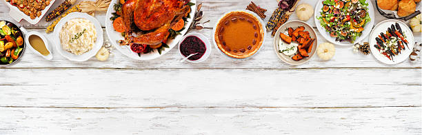 istock Thanksgiving turkey dinner. Above view top border on a rustic white wood table banner background. 2236438114