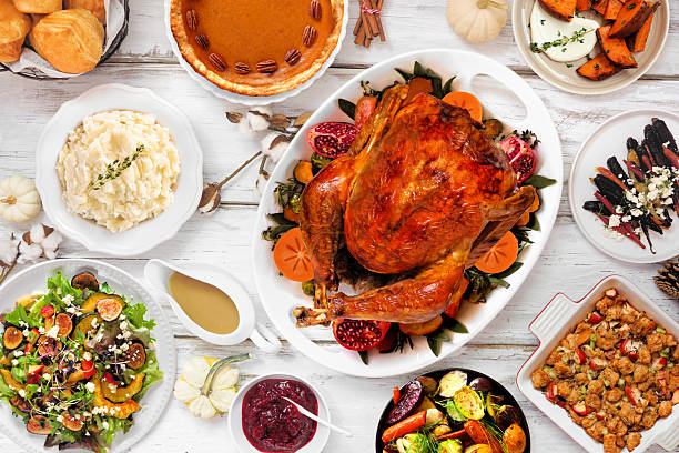 istock Thanksgiving turkey dinner. Overhead view table scene on a rustic white wood background. 2236438541
