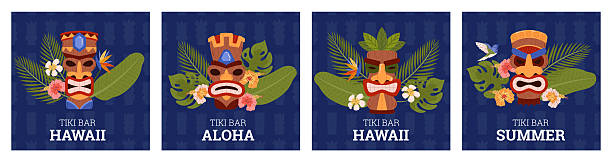 Tiki mask with tropical leaves and flowers. Vector cartoon posters set Tiki bar Aloha. Ethnic tribal wooden carved totem, Hawaiian idol scary face with toothy mouth. Ancient culture item