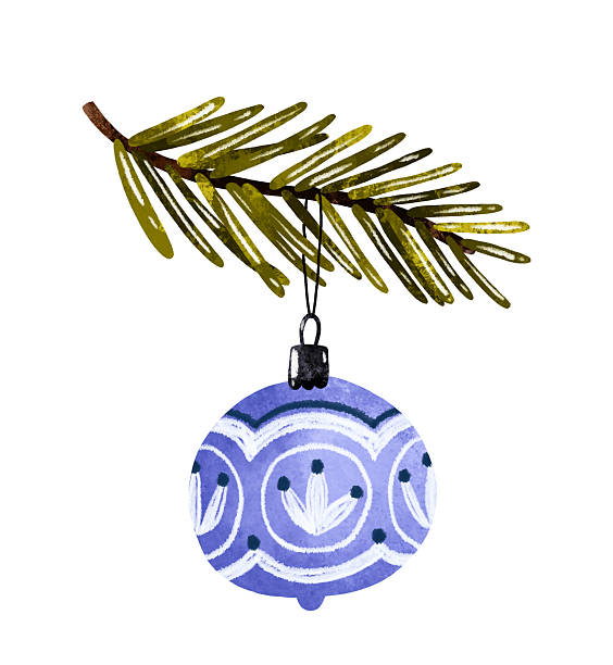 istock Christmas  illustration with spruce blue toy on branch. Cute new year winter decor 2236443041