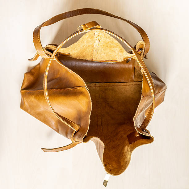 istock top view of empty leather tote bag on wooden table 2236455730