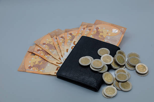 istock Black wallet with euro banknotes and coins on gray background 2236477907