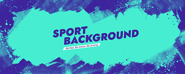 Sport banner background with scratch frame and halftone. Grunge punk turquoise and blue abstract background with text place. Dynamic brush texture, halftone dots and splatters. Sport banner design.