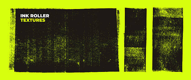Black linocut stamp textures on acid green background. Handmade ink roller texture set with rough edges and aged effect. Grange urban backgrounds. Street art distress overlay. Lino ink block printing.