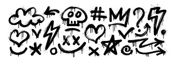 istock Urban graffiti spray paint element set. Street art icons with drips, splatters, and grunge texture. Set of arrow, cloud, skull, crown, star, lightning and heart. Graffiti icons with spray paint effect 2236478896