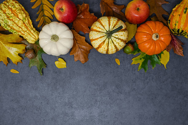 Autumn decoration, thanksgiving greeting card. Pumpkins, autumn leaves, with copy space. Flat lay view from above.