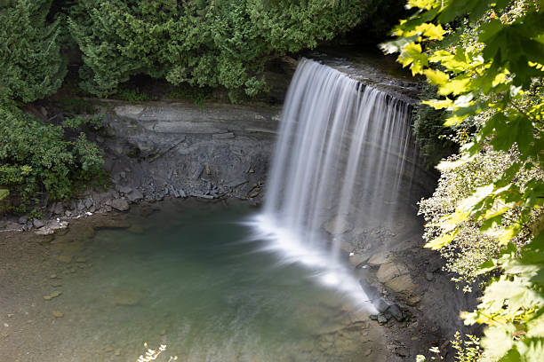 Ste-Anne falls with river, forest and sky during summer day