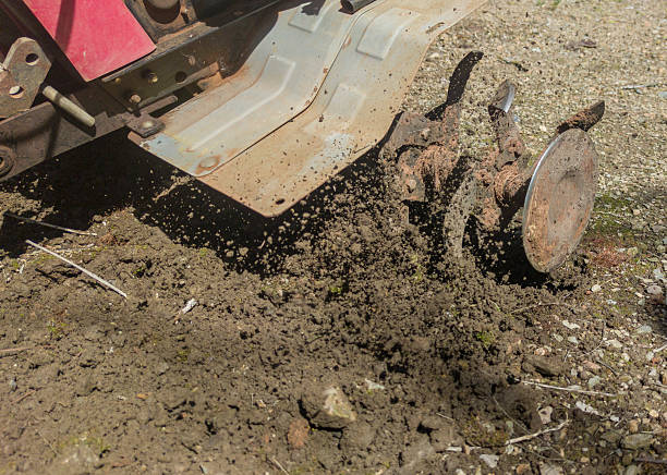 Petrol tiller in action. Preparation in the ground task in gardening