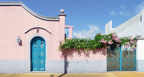 istock Sunlit Pink Facade and Bold Blue Entrance 2236493547