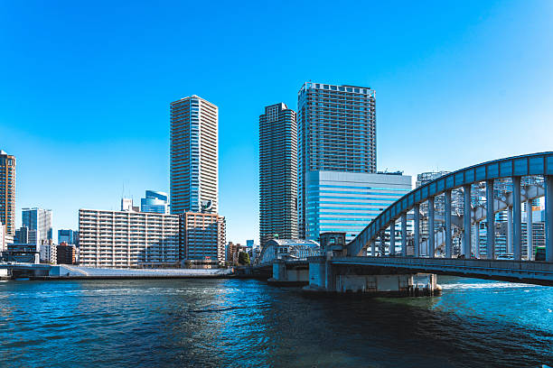 Tokyo cityscape featuring a river and modern architecture under a clear blue sky