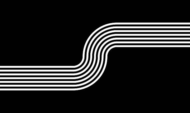 white curved parallel lines on black background, meditation zen garden top view or life balance vector illustration, river stream abstract