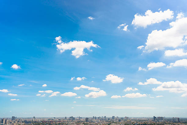 A wide-angle cityscape view from a high-rise building on a clear day, showcasing a deep blue sky with beautifully arranged clouds, highlighting modern urban architecture and bright weather.